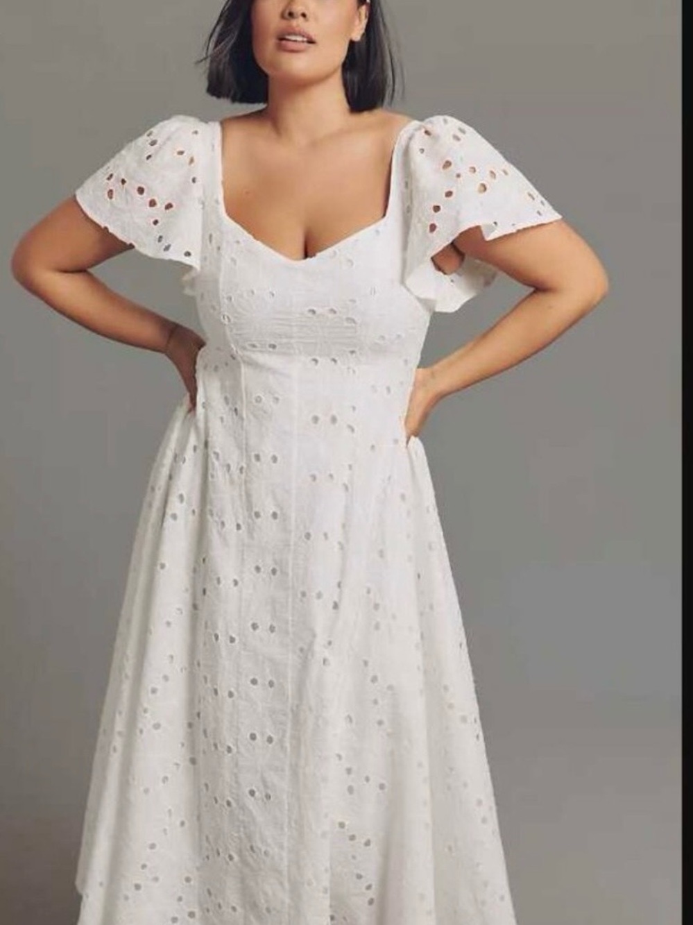 Anthropologie Extro&Vert Ada White Eyelet Midi Dress,Flutter Sleeves, Size L